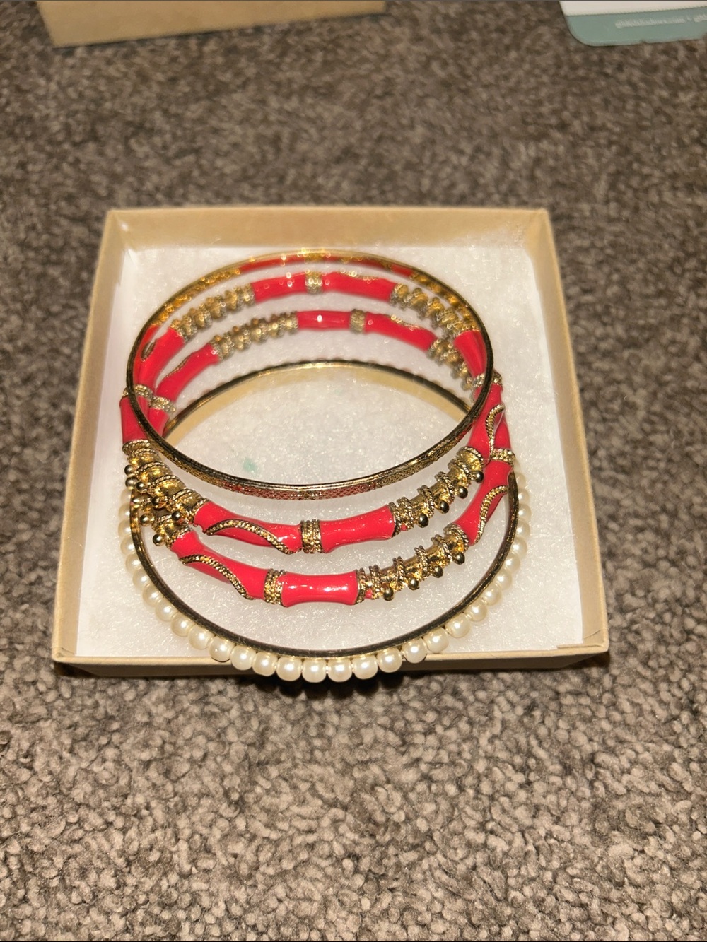 Gold-Tone Bracelet Stack with Coral pink Enamel and Pearls